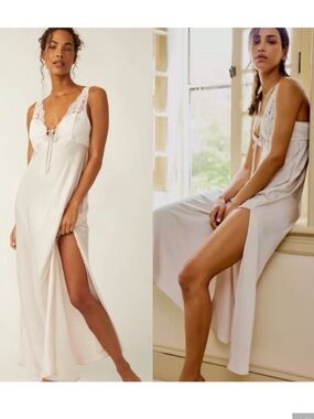 Free People Ivory Lace-Trim Maxi Slip